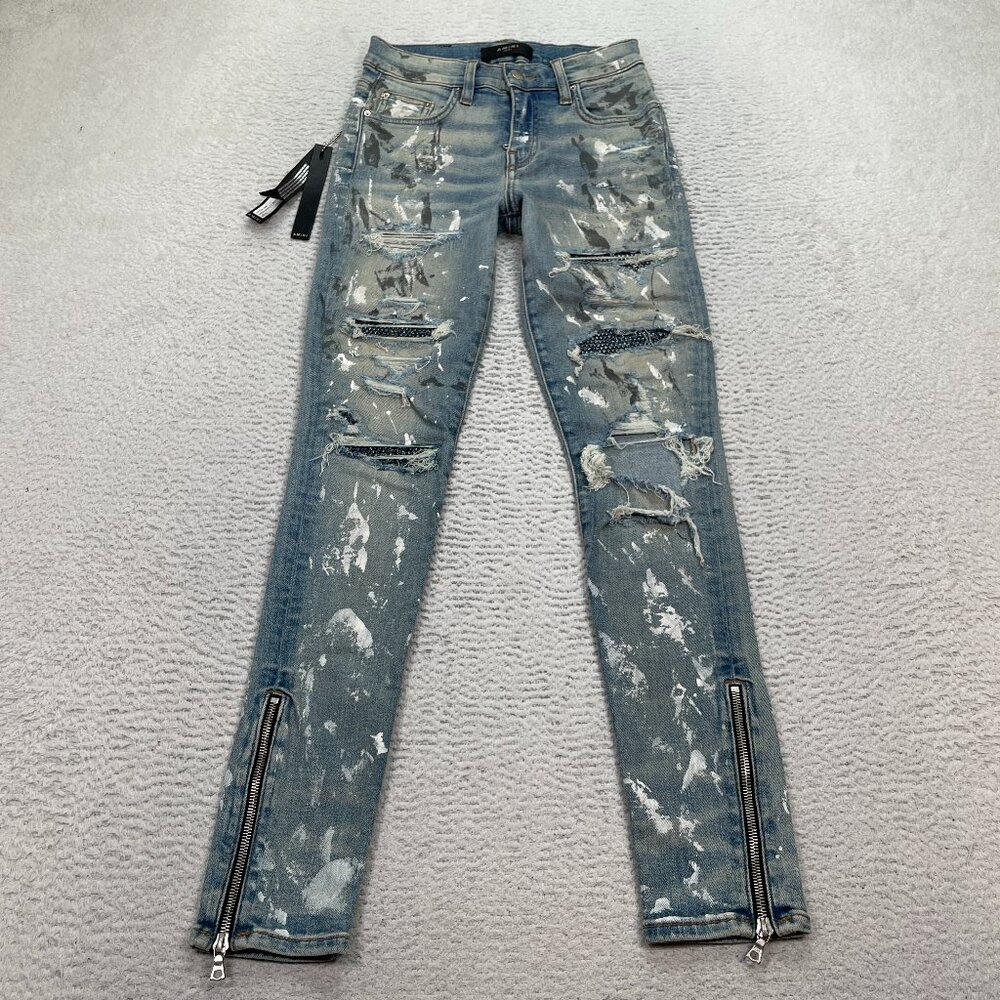 Amiri Paint Splatter Crystal Jeans Women's Size 25X29 Distressed Zippered NWT